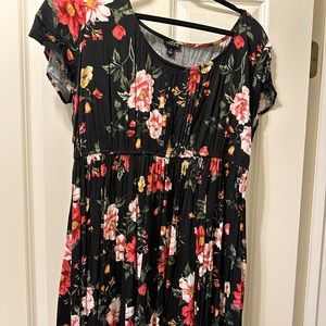 Black dress with pink and red floral print